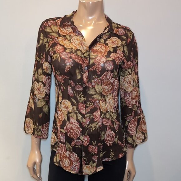 CAbi Sheer Silk Top Floral Pintucked Velvet Buttoned Shirt Brown Womens Medium - Picture 2 of 14